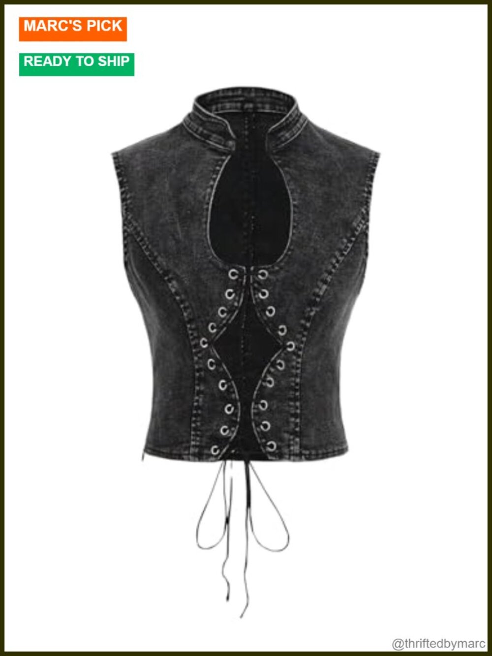 Women's Cut Out Lace Up Denim Tank Top Mock Neck Sleeveless Crop Top